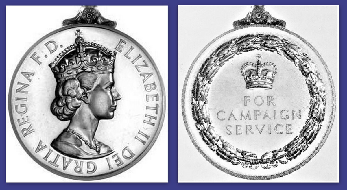 Медаль За общие заслуги. На аверсе - профиль Елизаветы II, на реверсе - надпись За службу в кампании. Подробнее о медали можно прочесть здесь: https://en.m.wikipedia.org/wiki/General_Service_Medal_(1962)