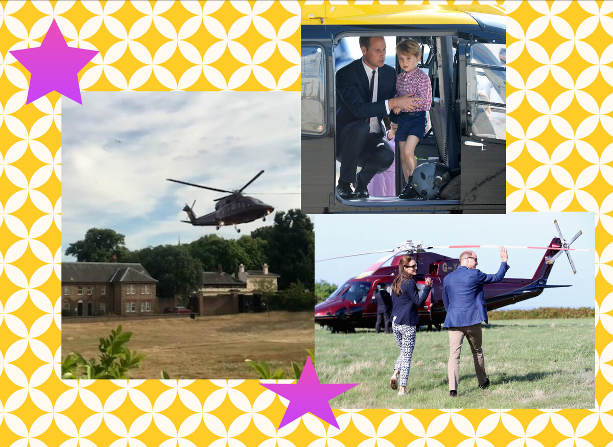 вчера семья принца Уильяма улетела ( слева), как они и любят, на вертолете, вопреки пожеланиям бабушки