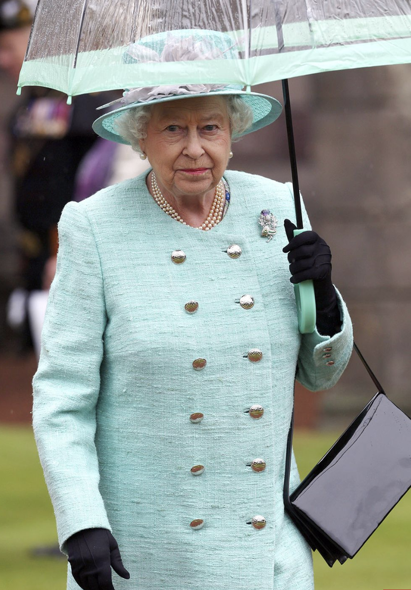  Королева Елизавета II и ее аксессуары. Какие ассоциации? Первое – черные сумочки, второе – белые перчатки, третье – прозрачные зонтики с цветной полосой.-20
