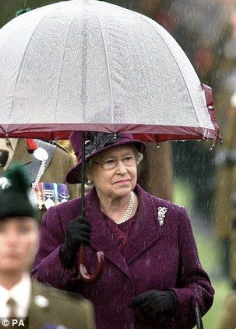  Королева Елизавета II и ее аксессуары. Какие ассоциации? Первое – черные сумочки, второе – белые перчатки, третье – прозрачные зонтики с цветной полосой.-25