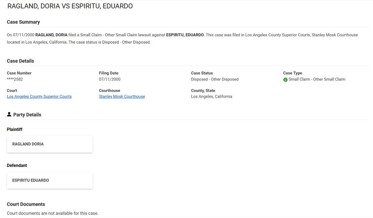 В этом деле Дория подала иск против некого товарища Эдуардо, рассматриваемый с 11 июля 2000 года до 21 августа 2001 года. И окончательно закрыто 4 марта 2002. Движения по делу очень мало, процесс шел вяло и ,судя по всему, суд его закрыл в день назначенного слушания.  В этом деле Дория подала иск против некого товарища Эдуардо, рассматриваемый с 11 июля 2000 года до 21 августа 2001 года. И окончательно закрыто 4 марта 2002. Движения по делу очень мало, процесс шел вяло и ,судя по всему, суд его закрыл в день назначенного слушания.