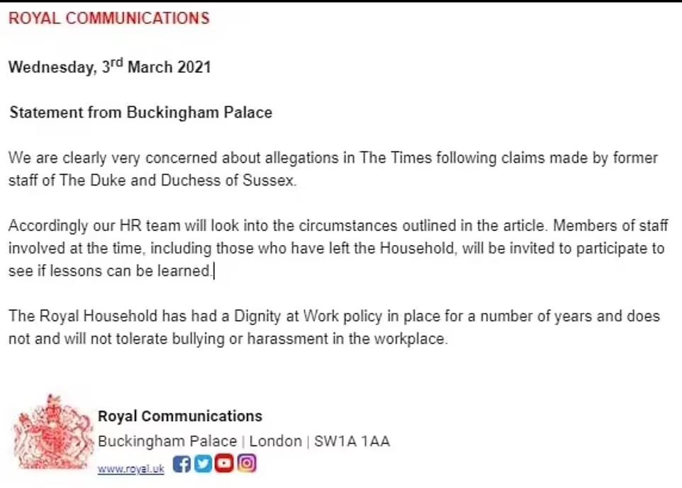 в марте 2021 года Букингемский дворец официально начал расследование об издeвaтельстваx. 