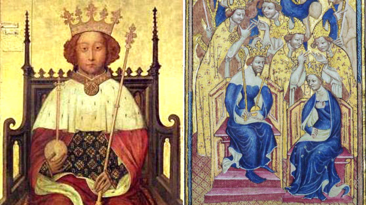 Слева — король Англии Ричард II, справа — коронация Анны Богемской.