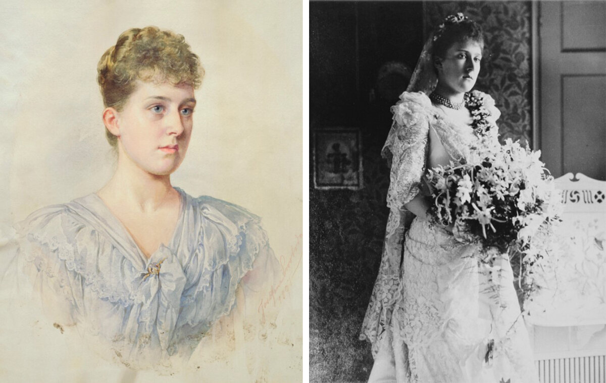 Слева портрет принцессы Марии Луизы работы Жозефины Свободы, справа принцесса Мария Луиза в день своей свадьбы, 1891 