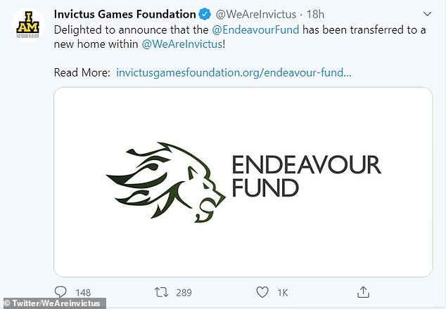 Принимая в Твиттере в понедельник вечером, @WeAreInvictus прокомментировал: «Фонд Invictus Games с радостью сообщает, что Фонд Endeavour был переведен из The Royal Foundation в работу Фонда Invictus Games (на фото).