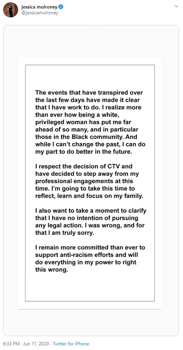 После увольнения Малруни опубликовала заявление, в котором говорила, что уважает решение CTV и сожалеет о своих действиях.