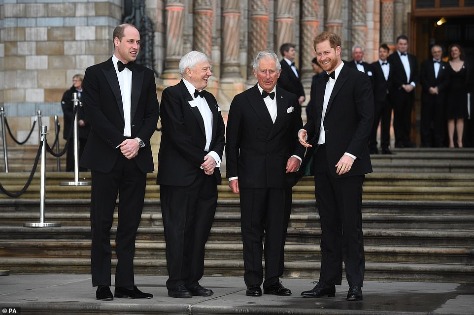 (Слева направо) Герцог Кембриджский, сэр Дэвид Аттенборо, принц Уэльский и герцог Сассекский прибывают на глобальную премьеру фильма Netflix «Наша планета» в Музее естественной истории в Кенсингтоне, Западный Лондон, 4 апреля 2019 г.